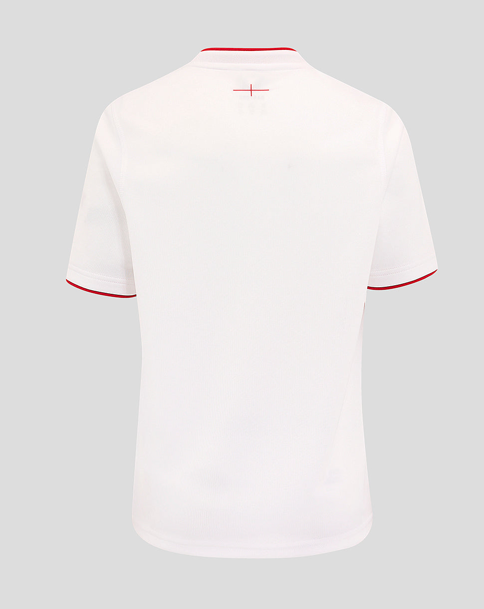 Back view of white junior England rugby home shirt with red neck trim and small red cross at upper back