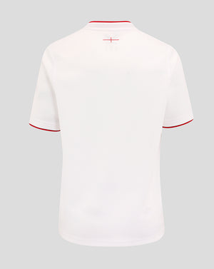 Back view of white junior England rugby home shirt with red neck trim and small red cross at upper back