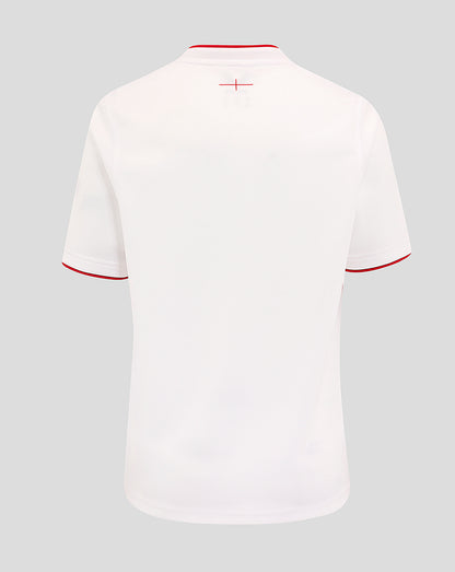 Back view of white junior England rugby home shirt with red neck trim and small red cross at upper back