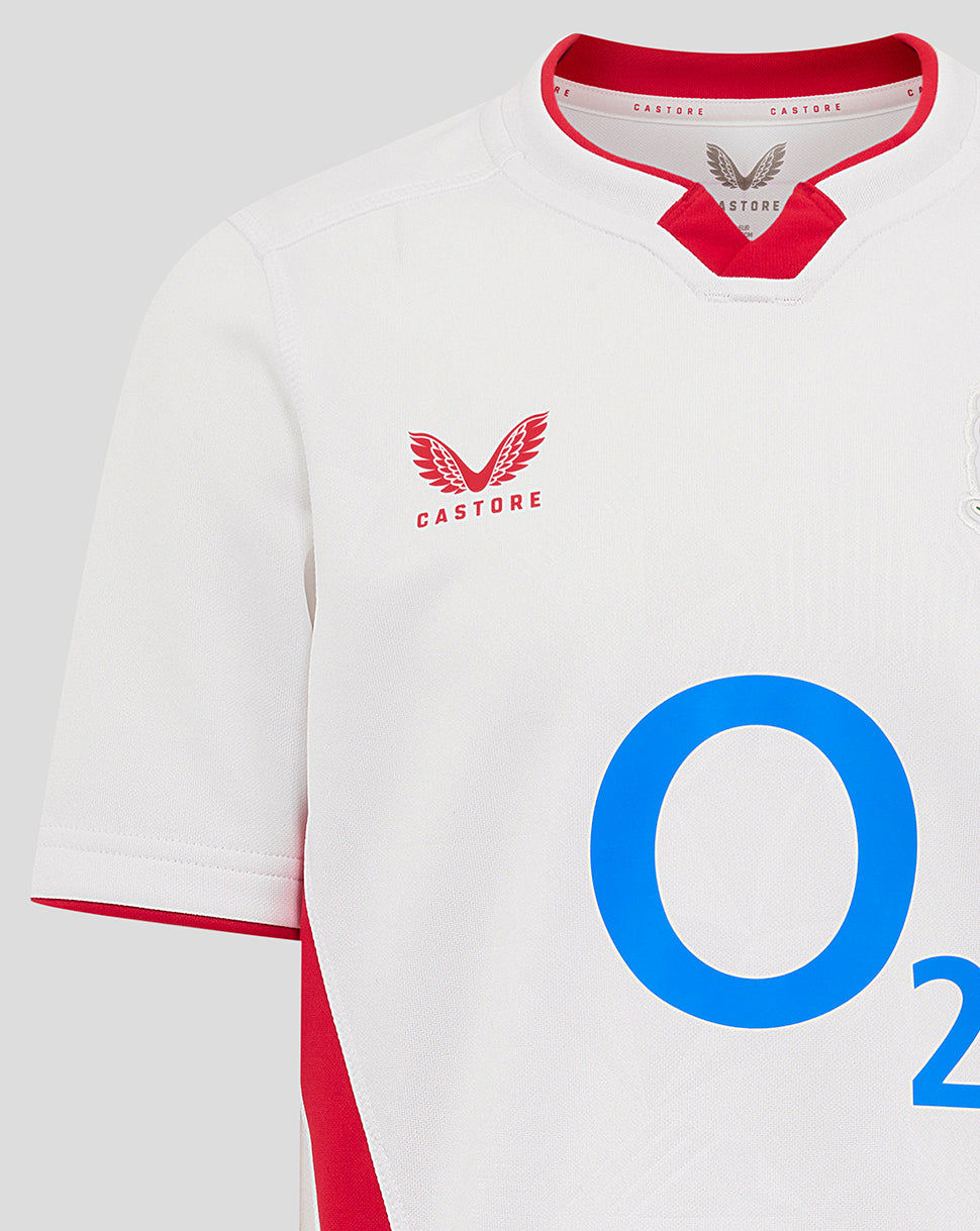 Junior England rugby home shirt in white with red trim, blue O2 front logo, rose crest left chest, Castore logo right chest.
