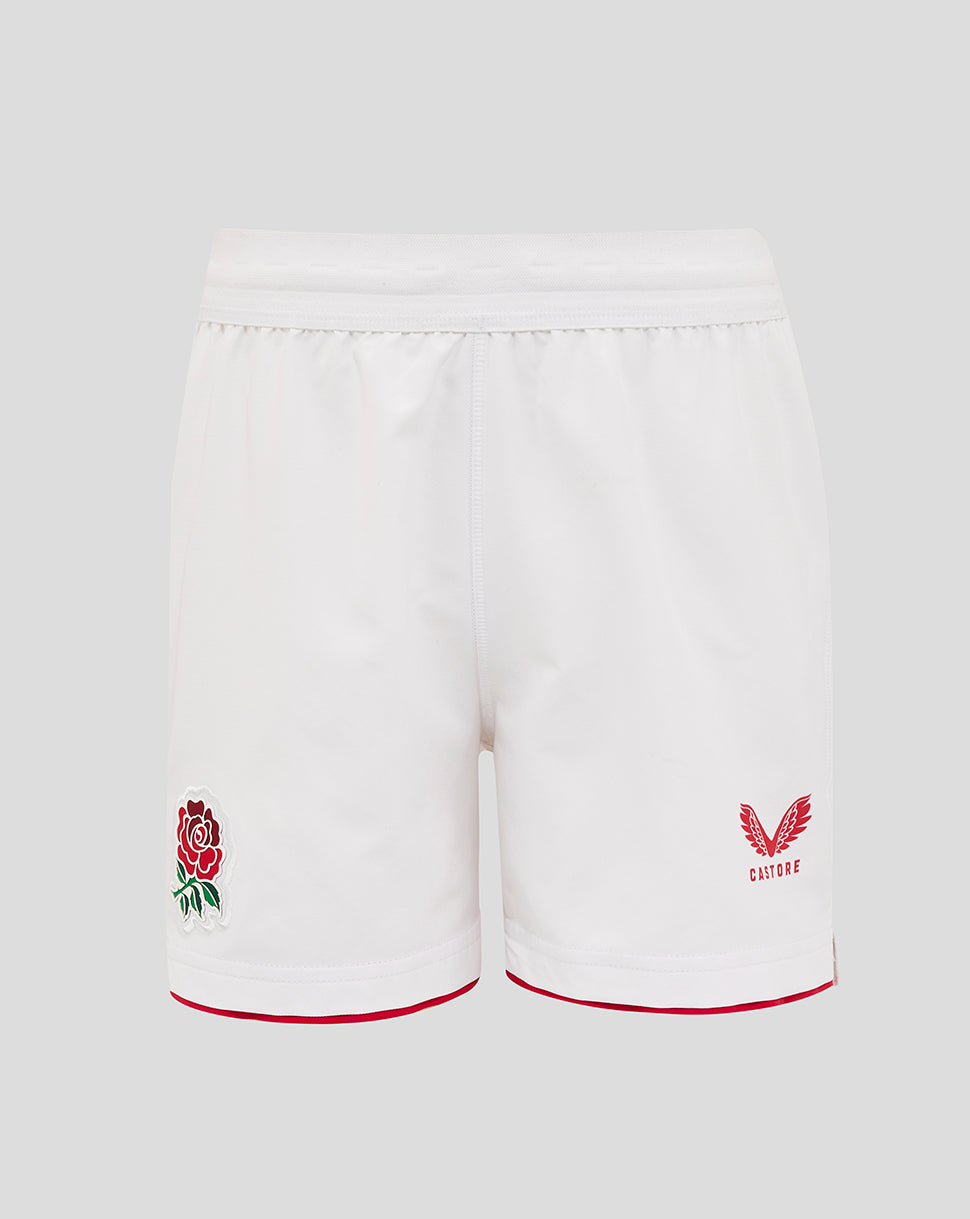 Back view of white Junior England Rugby Home Shorts with red trim at leg hems, rose crest left thigh and Castore crest right thigh.