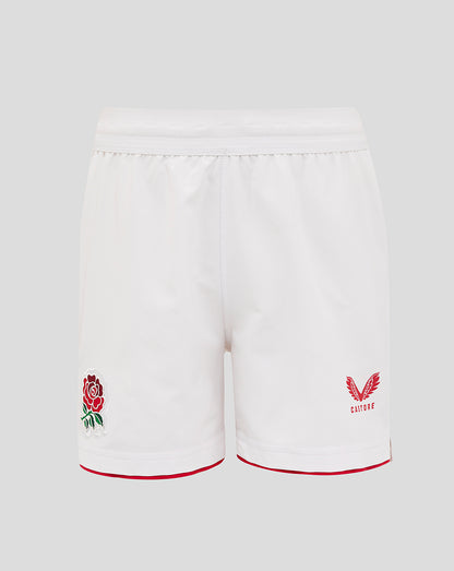 Back view of white Junior England Rugby Home Shorts with red trim at leg hems, rose crest left thigh and Castore crest right thigh.