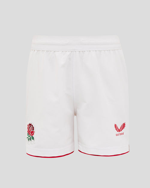Back view of white Junior England Rugby Home Shorts with red trim at leg hems, rose crest left thigh and Castore crest right thigh.