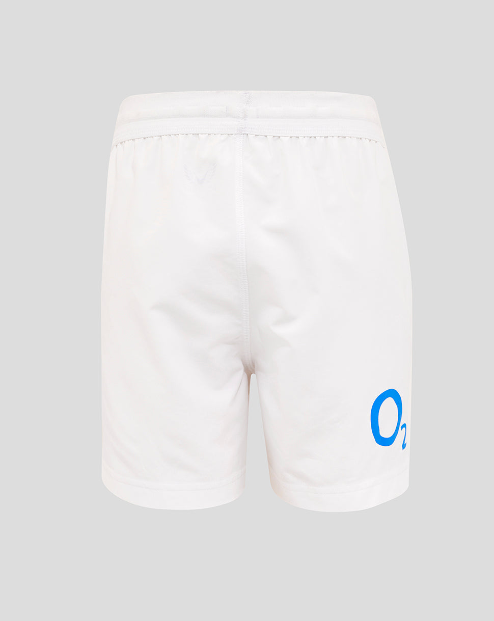 Back view of white junior England rugby shorts with blue O2 logo on the back right thigh