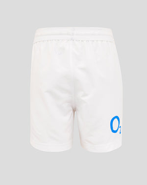 Back view of white junior England rugby shorts with blue O2 logo on the back right thigh