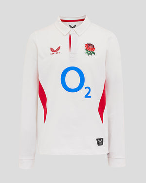 Front view of junior England Rugby Home Classic long sleeve shirt in white with O2 logo, rose crest left chest Castore logo right chest
