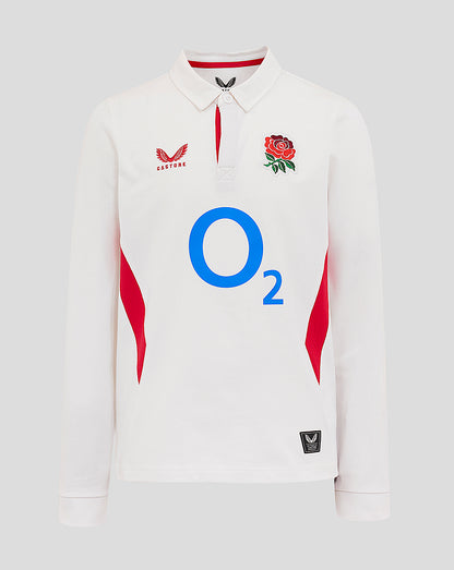 Front view of junior England Rugby Home Classic long sleeve shirt in white with O2 logo, rose crest left chest Castore logo right chest