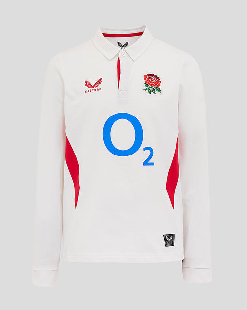 Front view of junior England Rugby Home Classic long sleeve shirt in white with O2 logo, rose crest left chest Castore logo right chest
