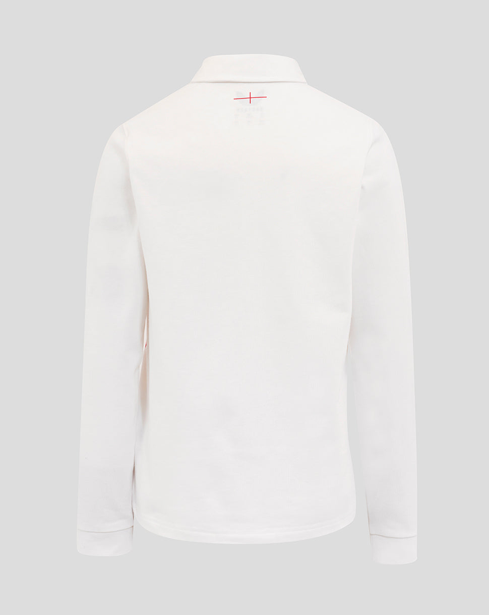 Back view of junior England Rugby Home Classic long sleeve shirt in white with a small red cross detail at upper back