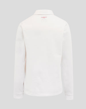 Back view of junior England Rugby Home Classic long sleeve shirt in white with a small red cross detail at upper back