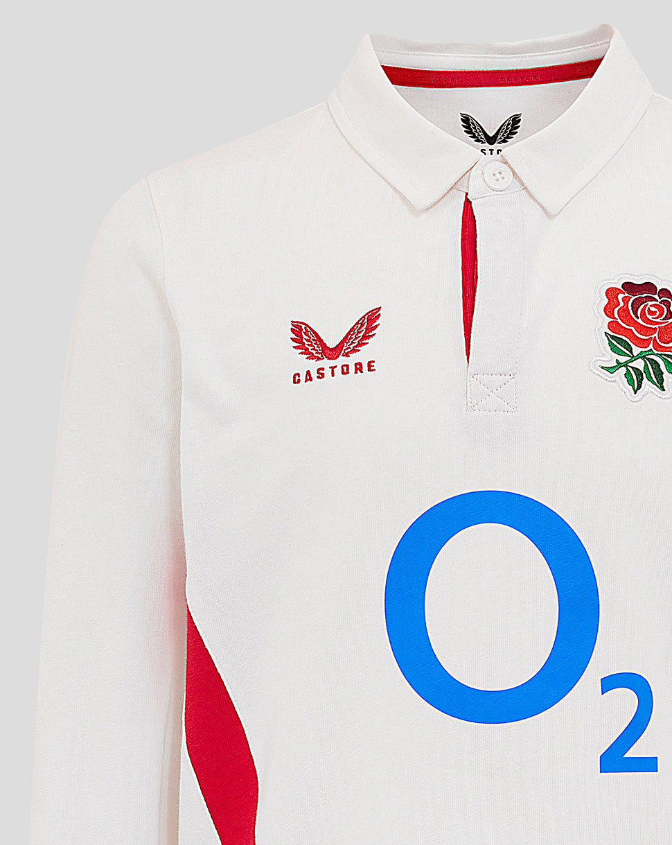 White Junior England Rugby Home Classic long sleeve shirt with red side panels blue O2 center logo rose crest on left chest and Castore logo on right chest