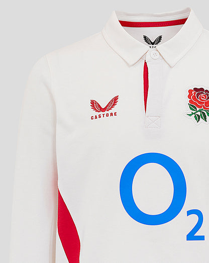 White Junior England Rugby Home Classic long sleeve shirt with red side panels blue O2 center logo rose crest on left chest and Castore logo on right chest