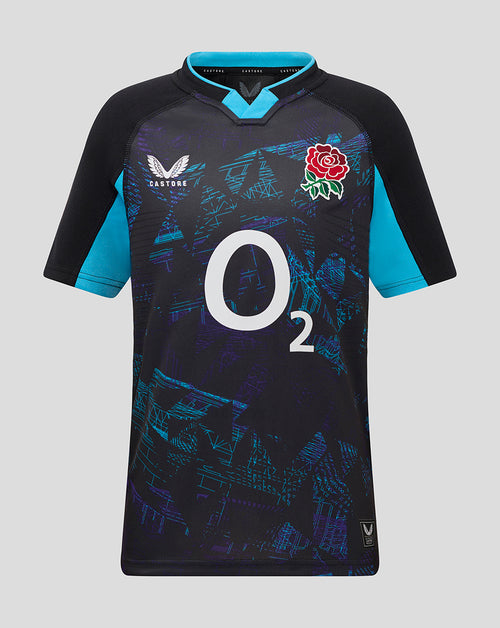 Front view of England Rugby 25/26 junior alternate shirt in black with teal sleeves, large O2 sponsor and rose emblem on chest.