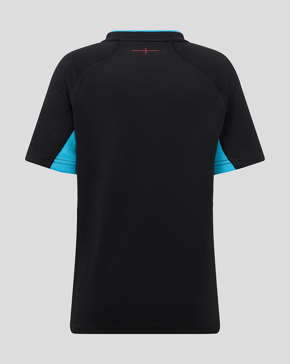 Back view of black England Rugby 25/26 junior alternate shirt with teal side panels.