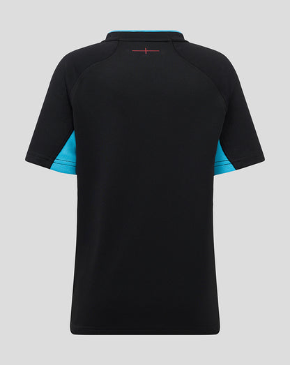 Back view of black England Rugby 25/26 junior alternate shirt with teal side panels.