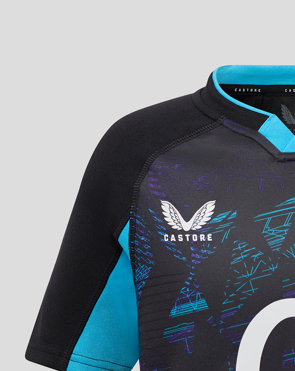 England Rugby junior alternate replica shirt in black with cyan trim and abstract blue purple graphics