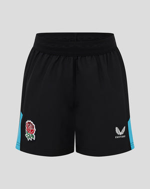 Front view of black replica shorts with a rose crest on the left leg and the Castore logo on the right leg.