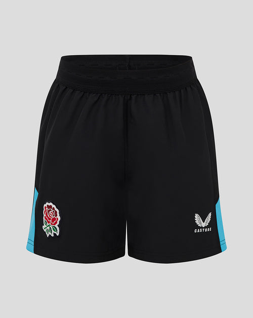 Front view of black replica shorts with a rose crest on the left leg and the Castore logo on the right leg.