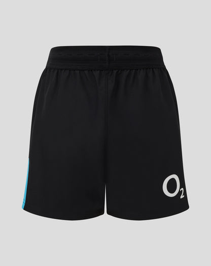 Close up of back view of black England rugby junior shorts showing a turquoise side stripe and the O2 logo
