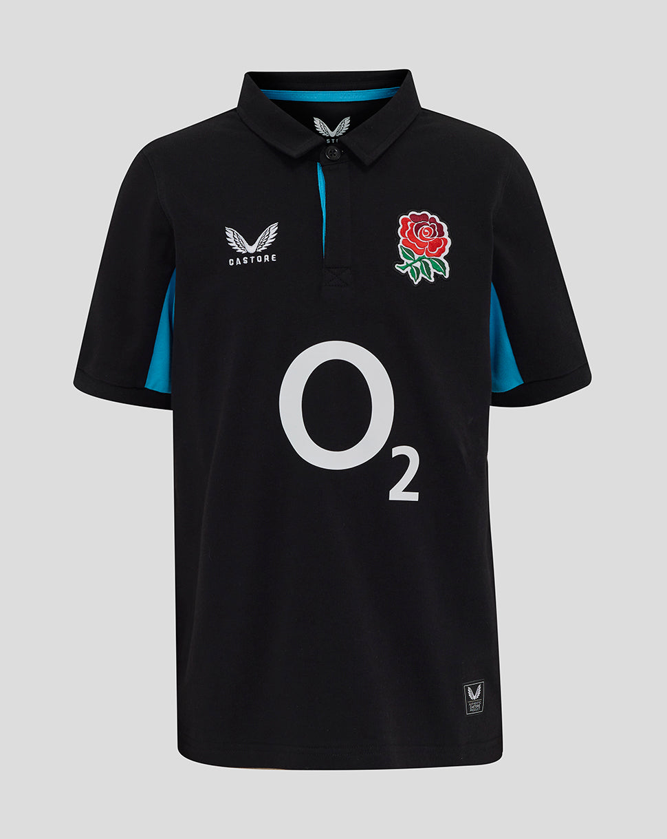 England Rugby alternate junior polo in black with teal trim, rose crest on chest and Castore logo.