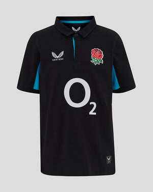 England Rugby alternate junior polo in black with teal trim, rose crest on chest and Castore logo.