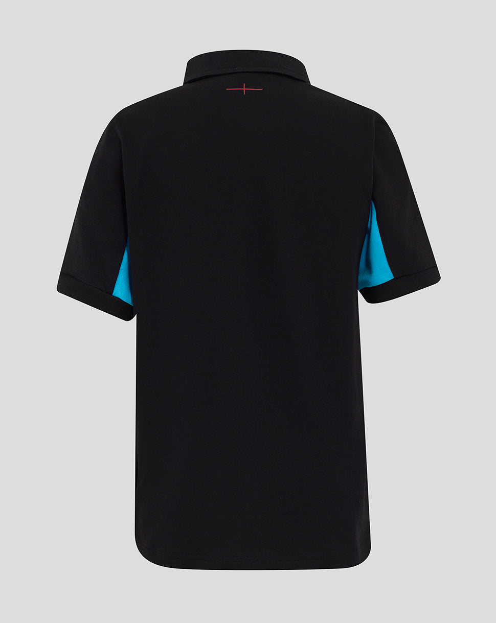 Back view of black England Rugby junior polo shirt with blue side panels and a small red neck stitch.