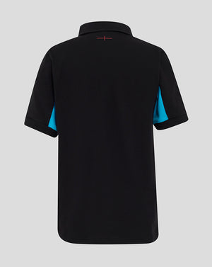 Back view of black England Rugby junior polo shirt with blue side panels and a small red neck stitch.