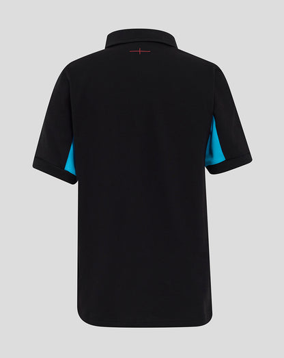 Back view of black England Rugby junior polo shirt with blue side panels and a small red neck stitch.