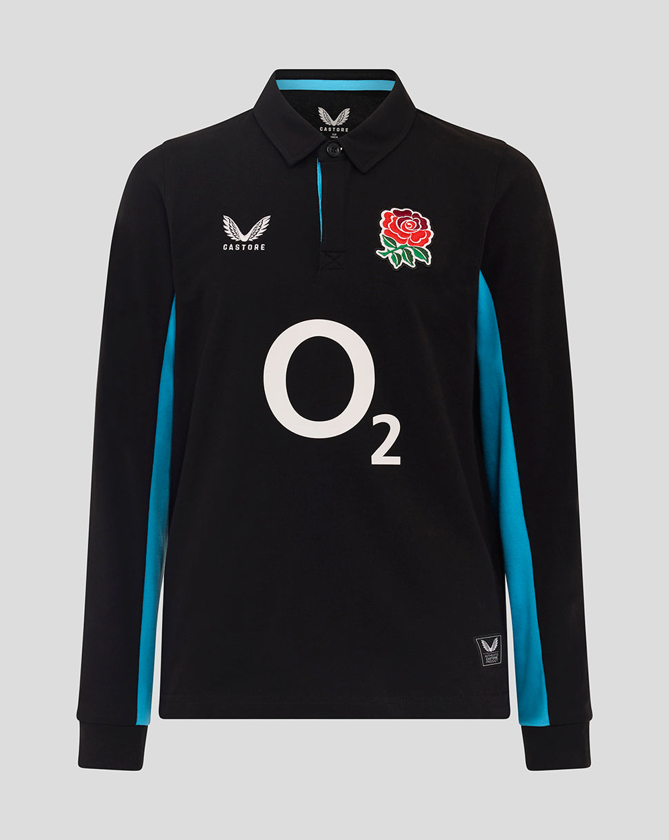 Black Junior England Rugby Alternate Classic long sleeve shirt with turquoise side panels large O2 logo on the front and rose crest with Castore logos on the chest