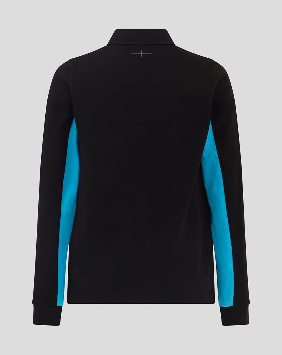 Back view of black Junior England rugby long sleeve shirt with turquoise side panels.