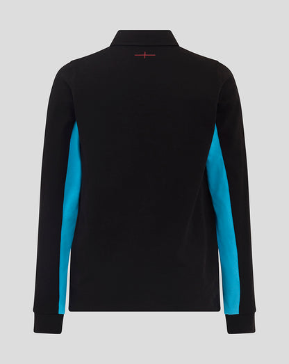 Back view of black Junior England rugby long sleeve shirt with turquoise side panels.