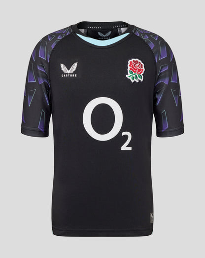 Front view of England Rugby Red Roses junior alternate replica shirt in black with purple geometric sleeves and large white O2 across the chest