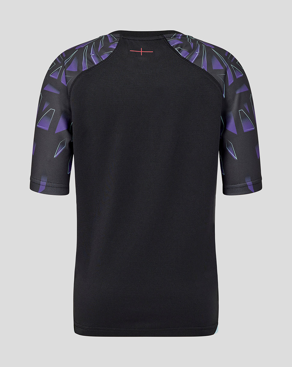 Back view of black England Rugby Red Roses junior alternate replica shirt with purple patterned sleeves