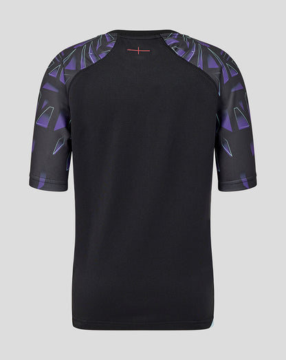 Back view of black England Rugby Red Roses junior alternate replica shirt with purple patterned sleeves