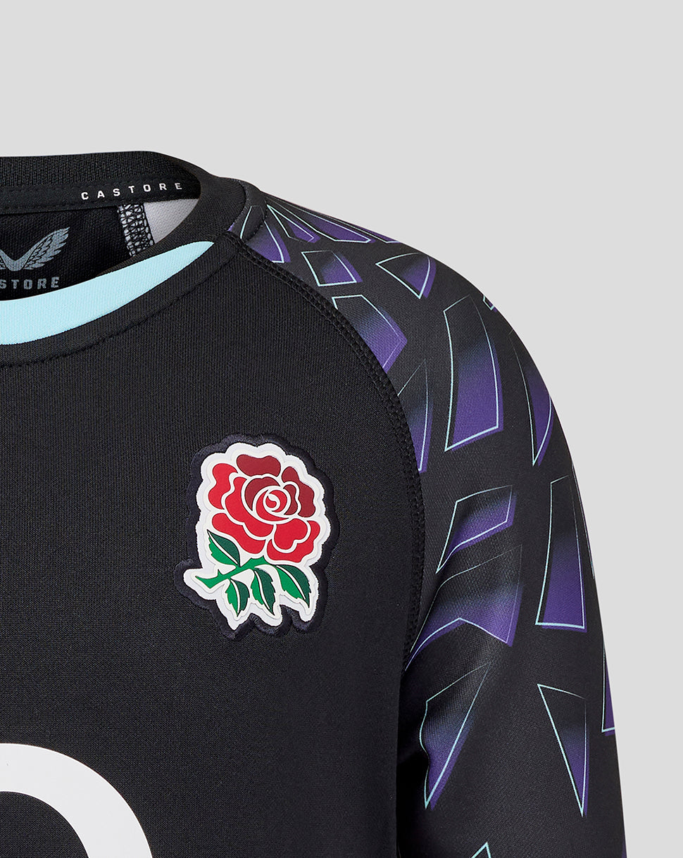 Rose crest patch on left chest of black junior alternate replica rugby shirt with purple sleeve pattern