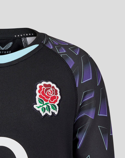 Rose crest patch on left chest of black junior alternate replica rugby shirt with purple sleeve pattern