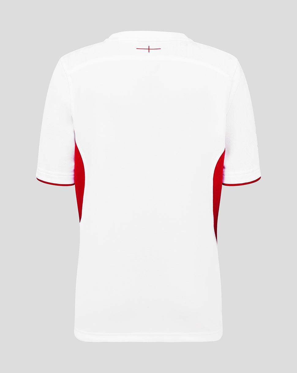 Back view of a white England rugby junior home replica shirt with red side panels.