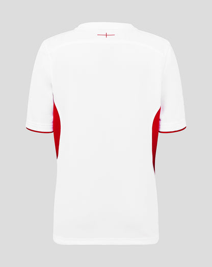 Back view of a white England rugby junior home replica shirt with red side panels.