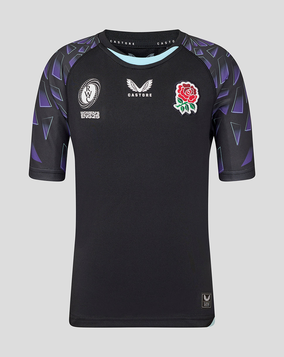 Front view of England Rugby 25/26 Red Roses junior WRWC alternate shirt with black body and purple patterned sleeves