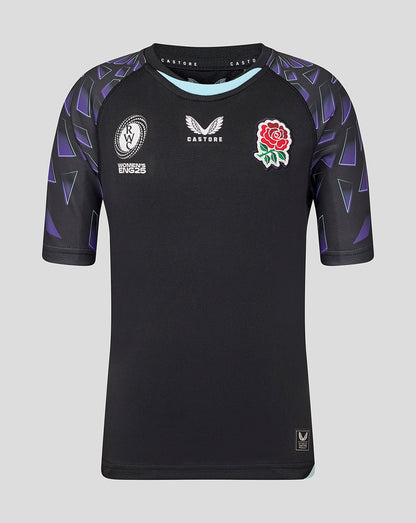 Front view of England Rugby 25/26 Red Roses junior WRWC alternate shirt with black body and purple patterned sleeves