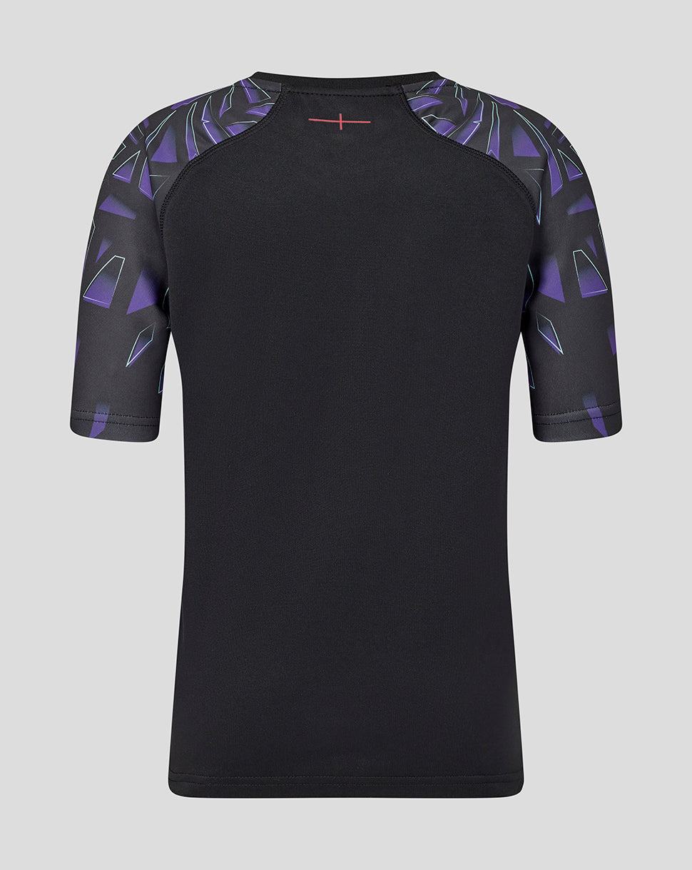 Back view of England Rugby 25/26 Red Roses junior WRWC alternate shirt with black body and purple geometric sleeves