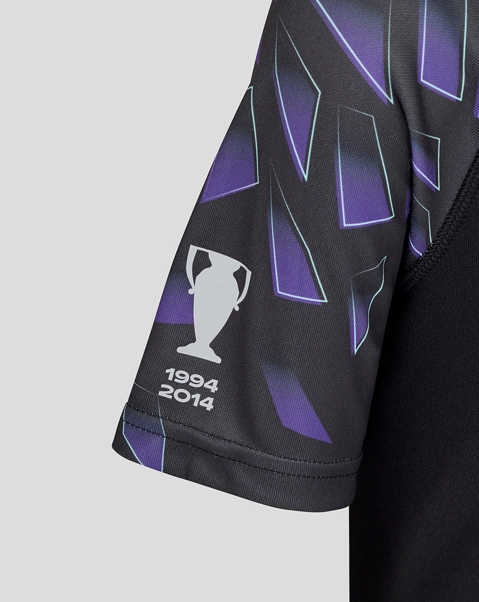 Junior WRWC shirt sleeve with a white trophy graphic and 1994 2014 dates on a dark fabric with purple geometric print.