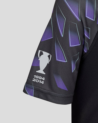 Junior WRWC shirt sleeve with a white trophy graphic and 1994 2014 dates on a dark fabric with purple geometric print.