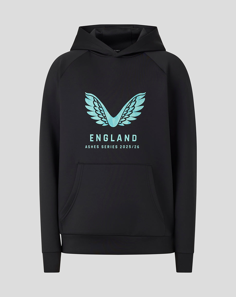 Front view of black England Ashes junior hoodie with turquoise wing crest and ENGLAND ASHES SERIES 2025/26 text