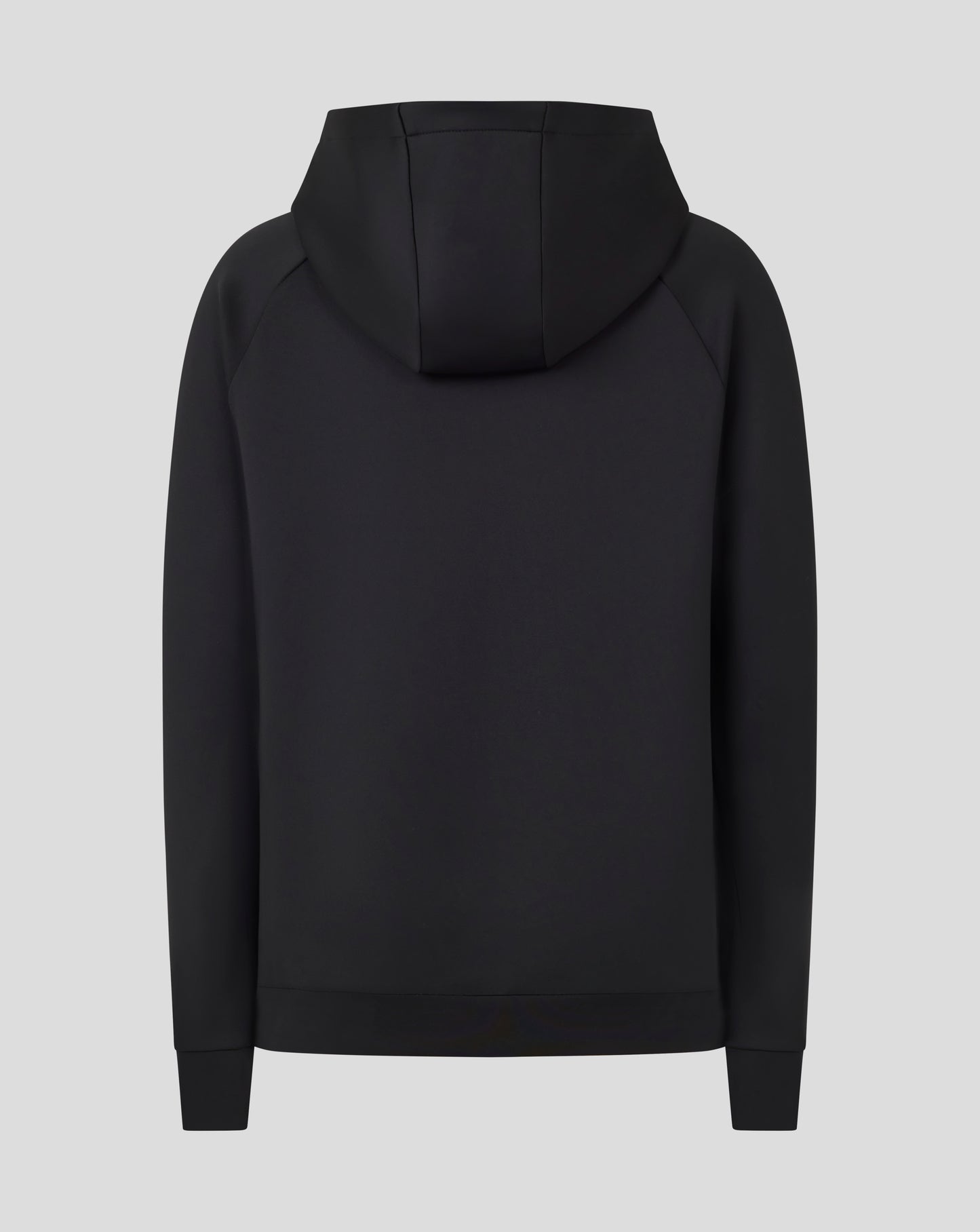 Back view of black junior hoodie showing the hood and clean seam lines