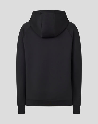 Back view of black junior hoodie showing the hood and clean seam lines