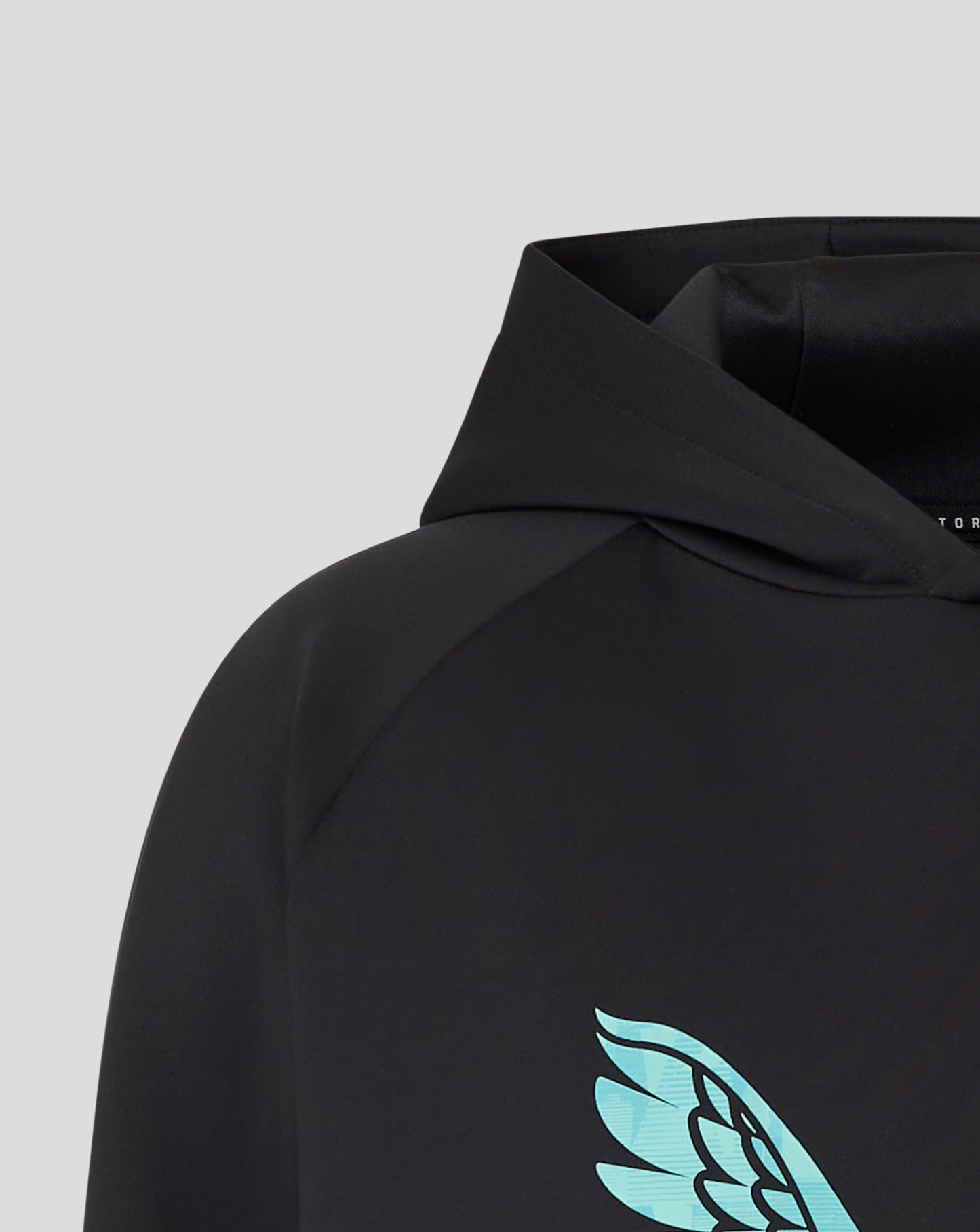Collar and shoulder close up of black England Ashes junior hoodie with a teal wing logo