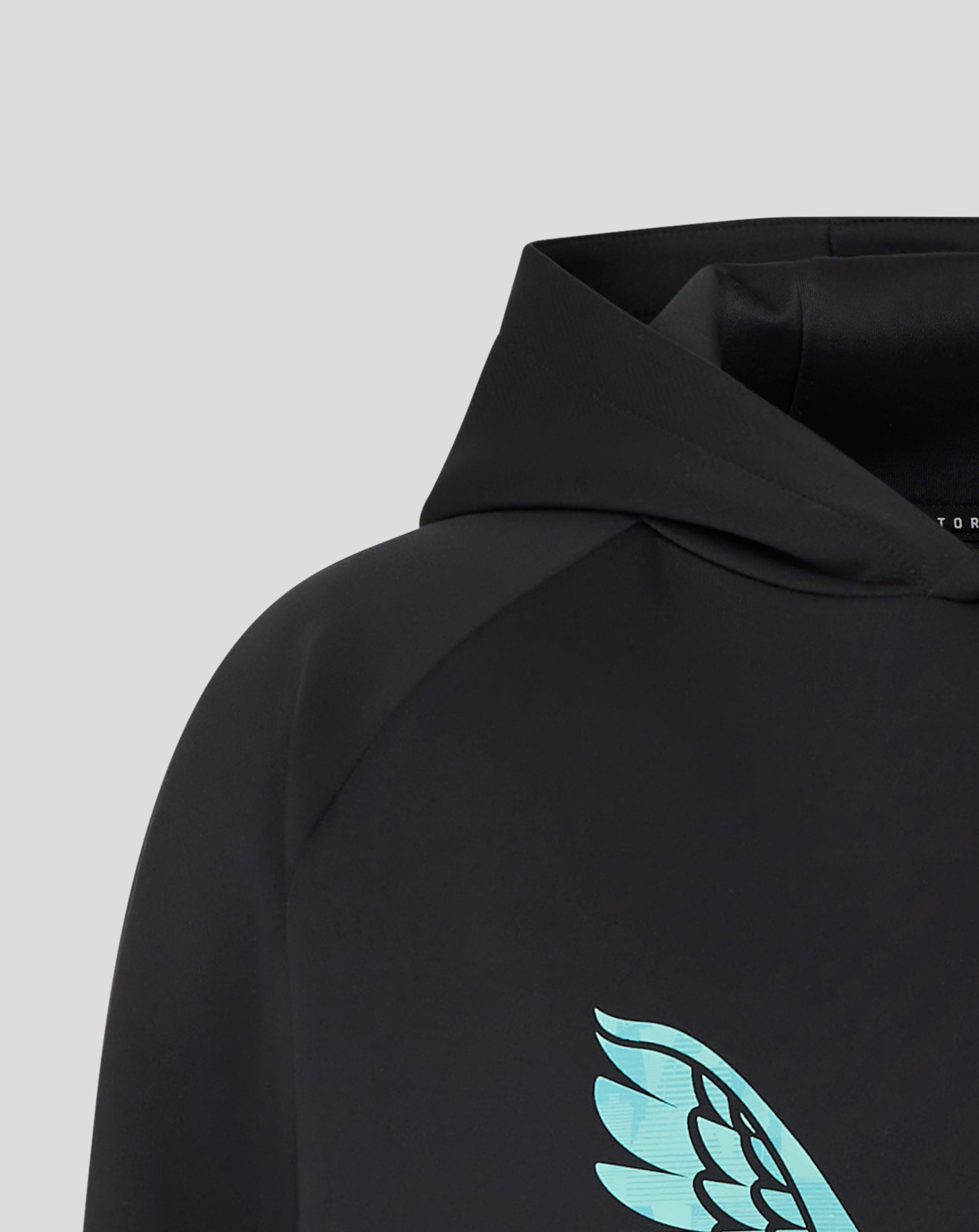 Collar and shoulder close up of black England Ashes junior hoodie with a teal wing logo