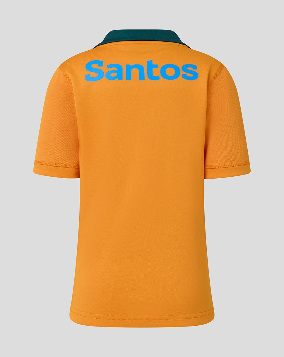 Orange polo shirt with 'Santos' branding on a gray background
