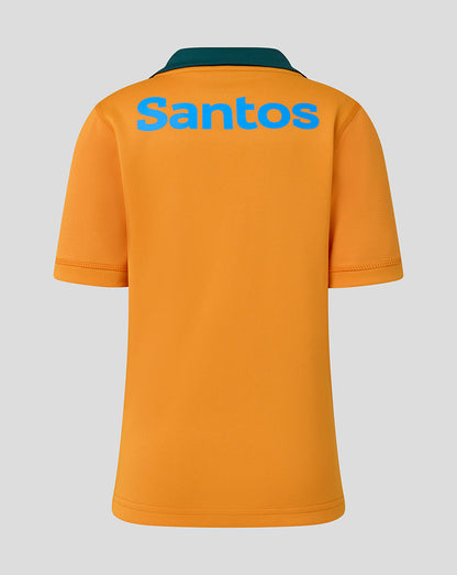 Orange polo shirt with 'Santos' branding on a gray background